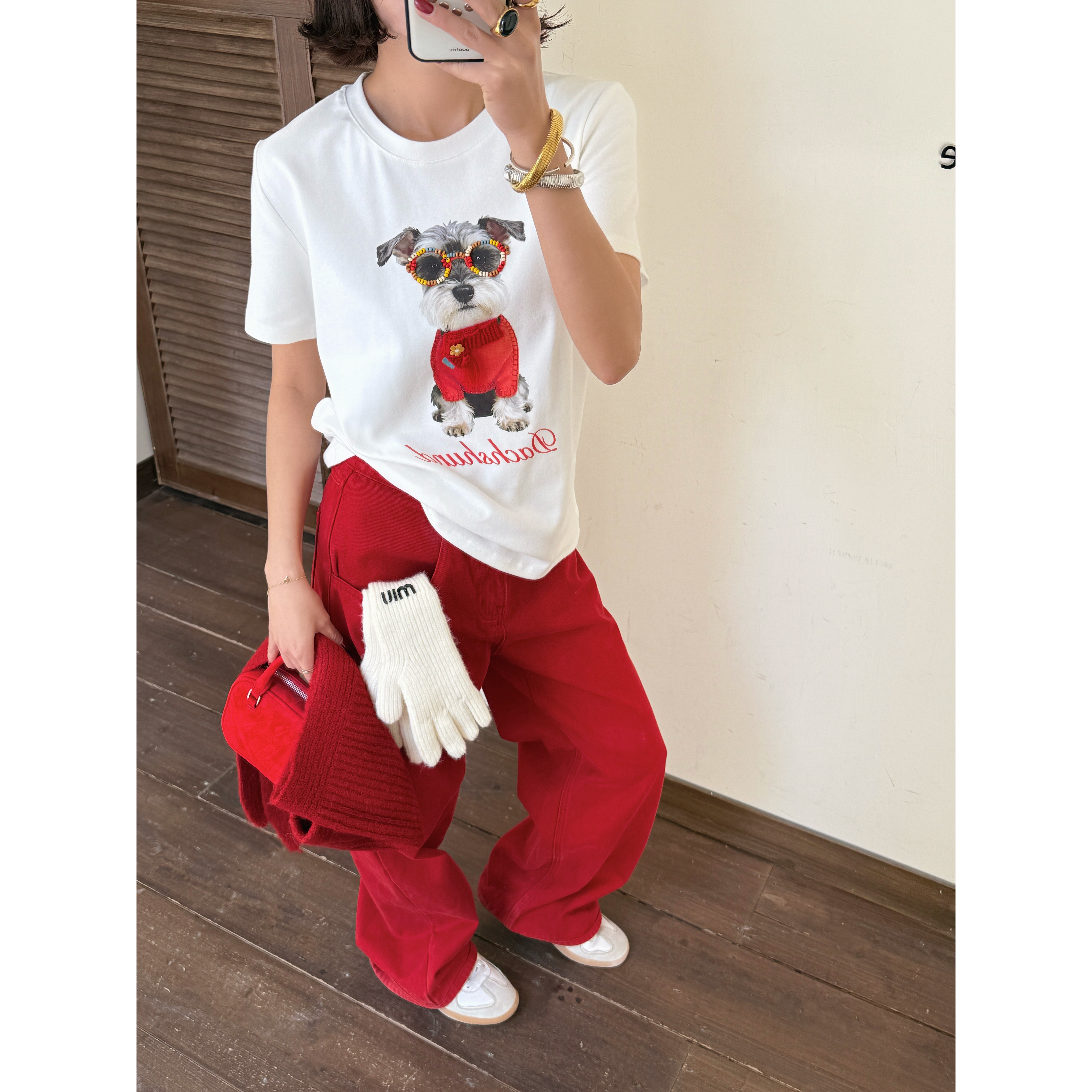 KIKI严选：8170-Nn家欧洲站南油春秋新款彩虹眼镜小狗磨毛短袖T恤