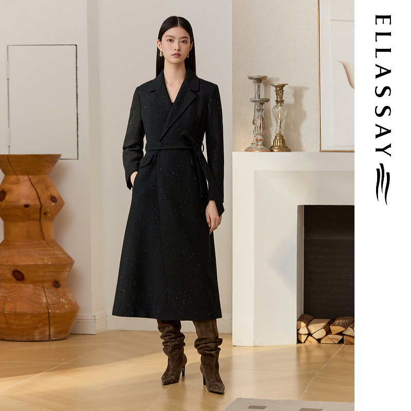 ELLASSAY歌力思2025秋冬新款细腻亮片长款毛呢大衣女EWU364D00300
