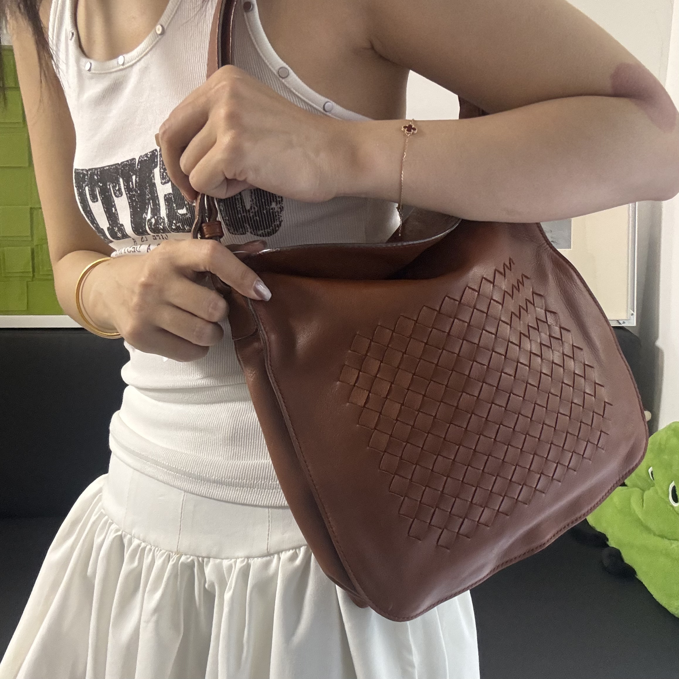 95新 BOTTEGA VENETA/葆蝶家 0棕色编织单肩包斜挎包