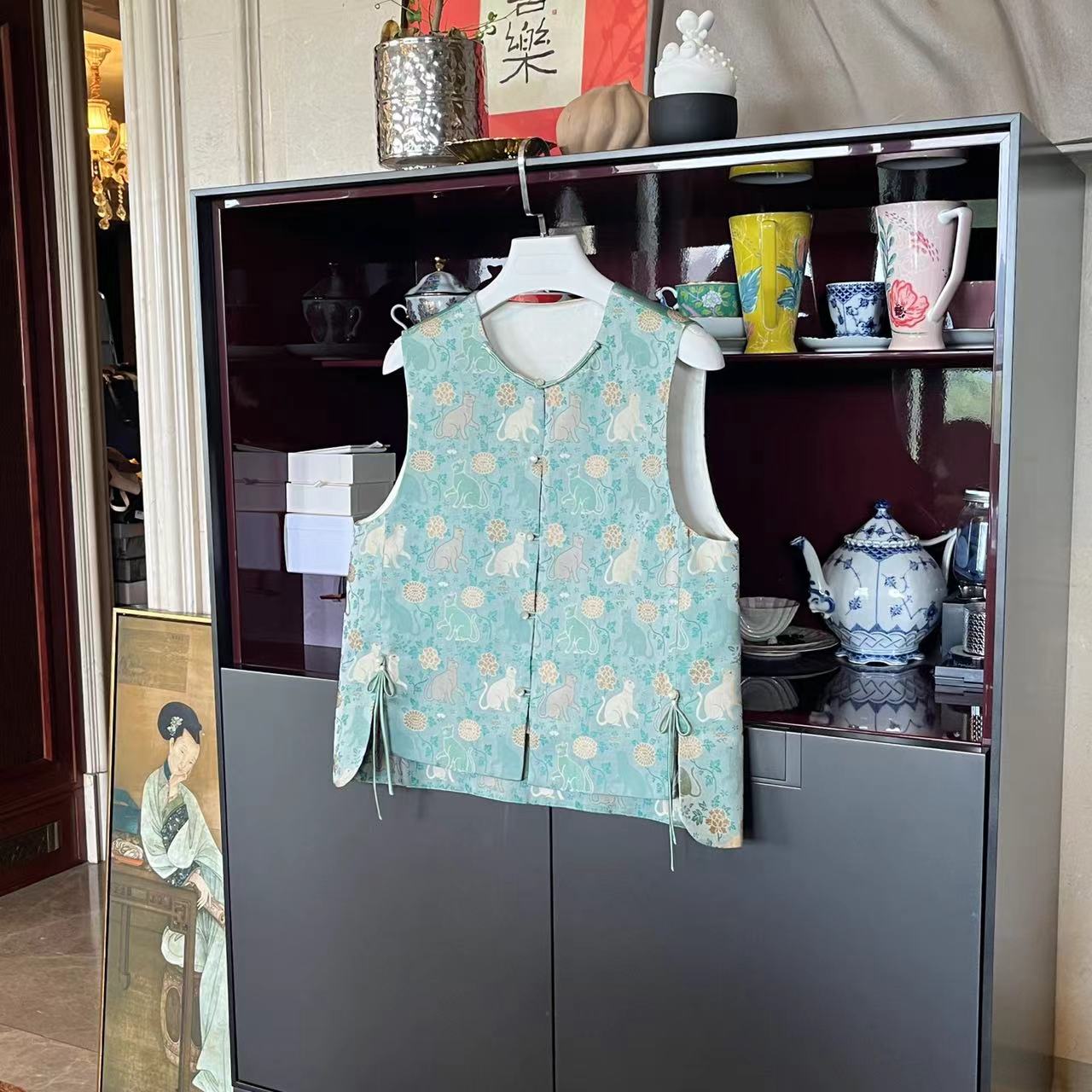 MYL2024秋季新品钱小萍富贵猫宋锦马甲圆领休闲中式提花上衣