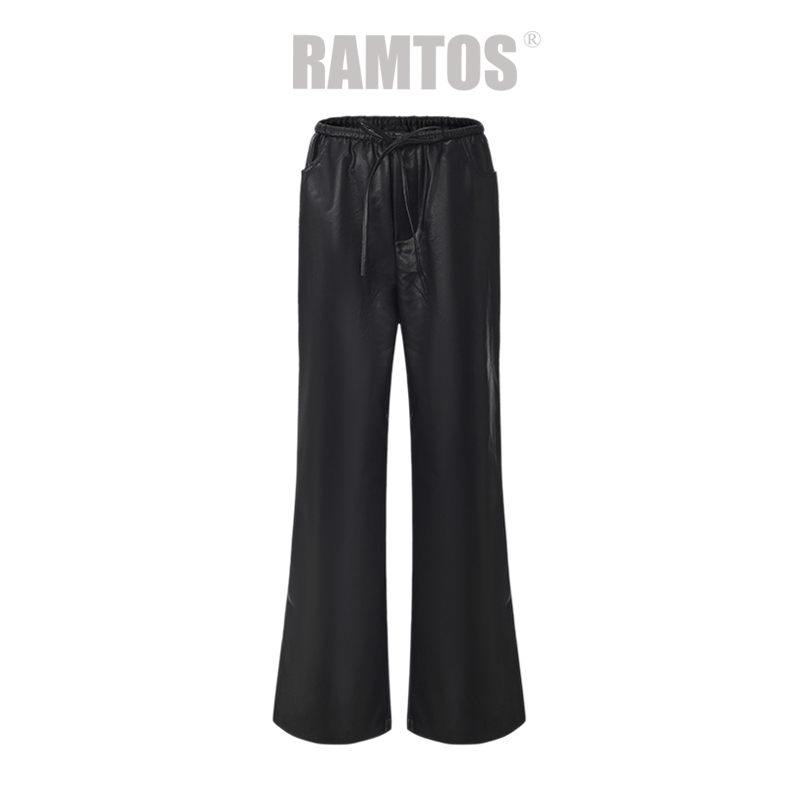 RAMTOSPU皮阔腿拖地裤黑色百搭宽松高腰秋冬休闲裤
