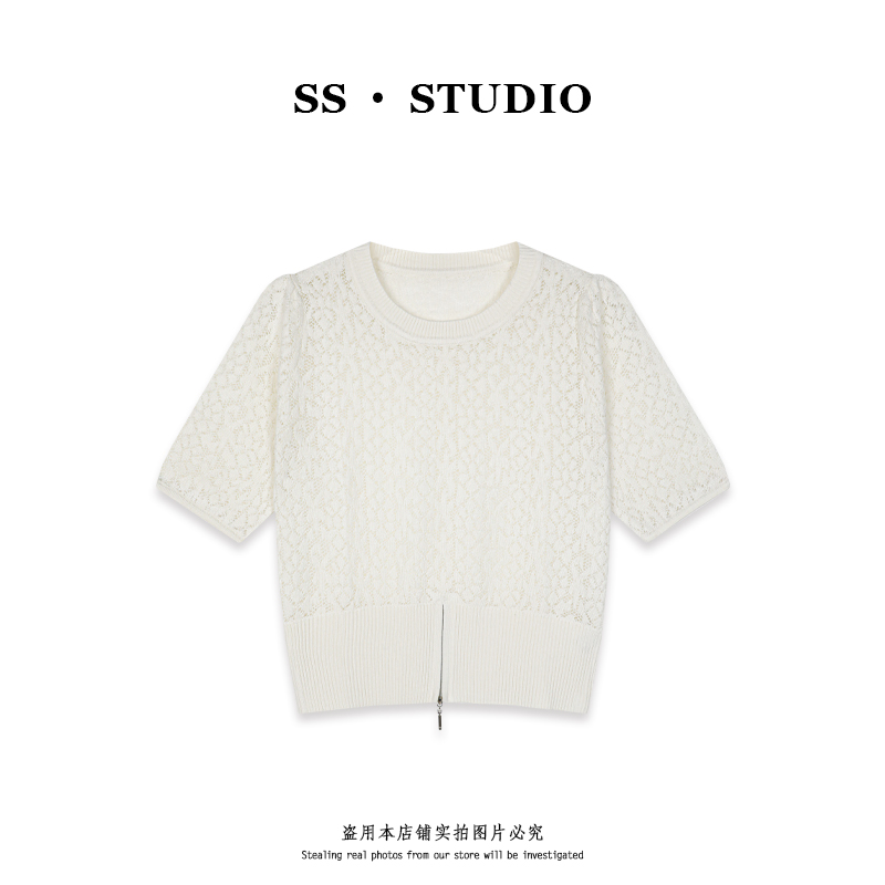 【SUSU】早秋新款气质镂空提花设计感休闲百搭圆领针织衫SS-5672