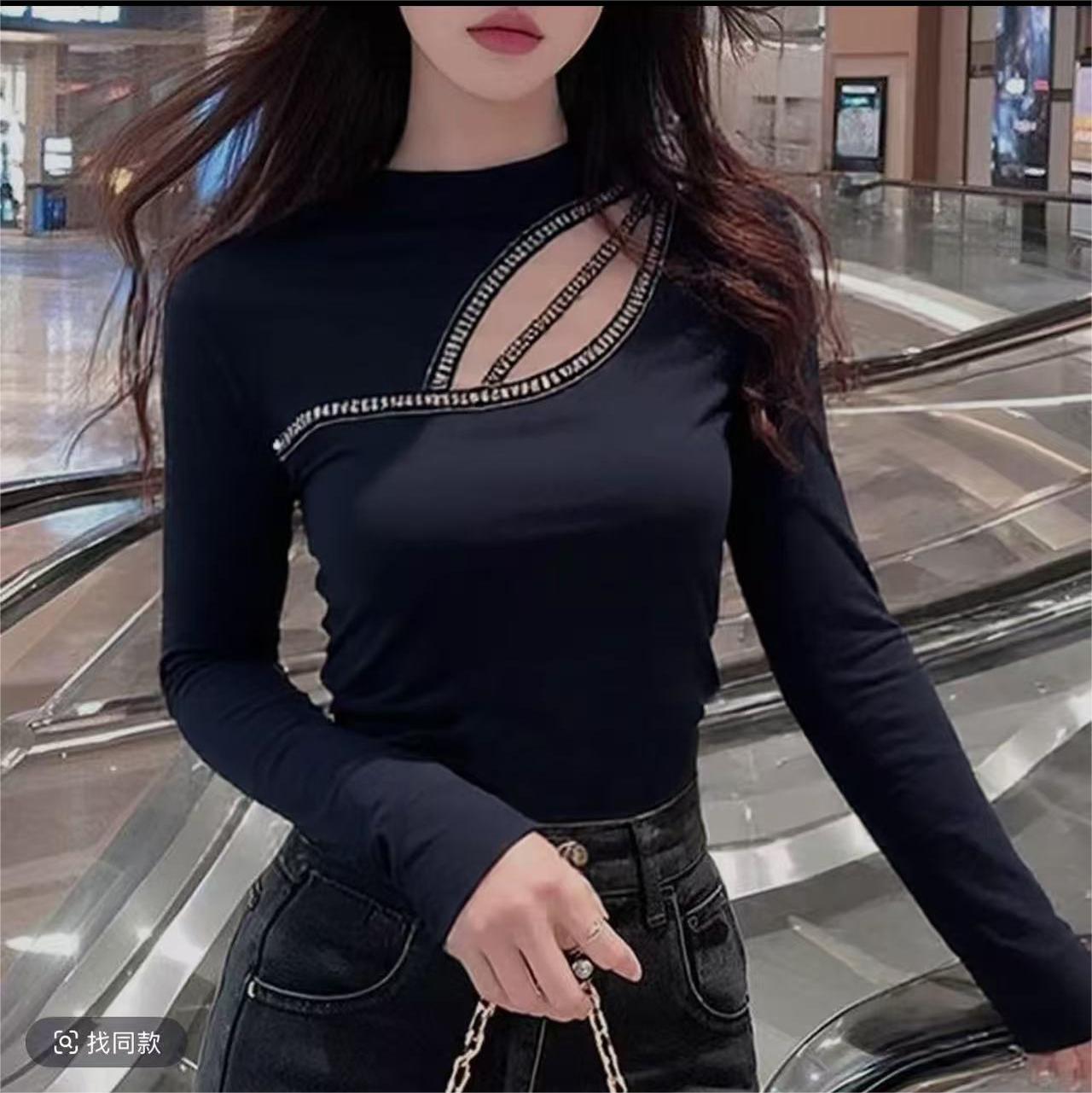 镂空烫钻气质长袖T恤设计感打底衫洋气百搭上衣显瘦半高领修身