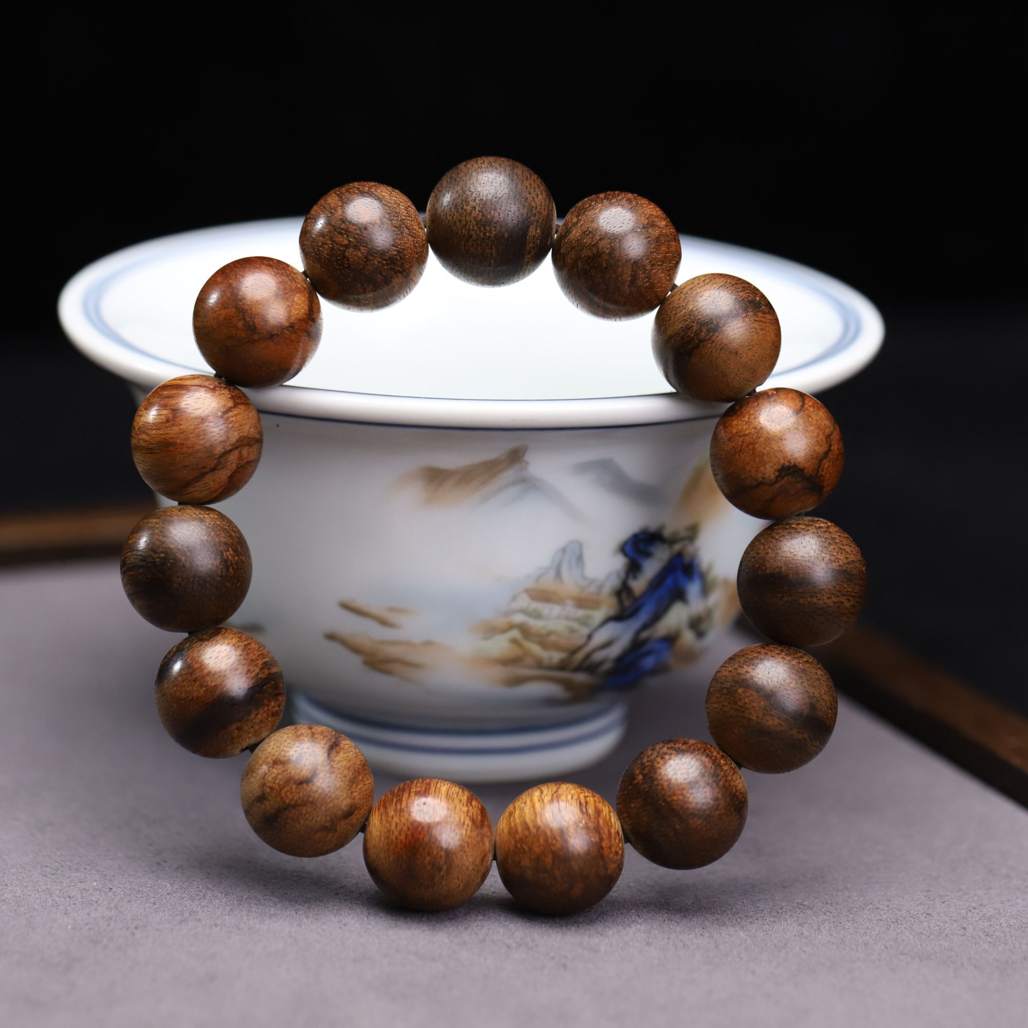 正区老料加里曼丹圆珠沉香1.4规格单圈手串15颗男女士收藏级18.1g