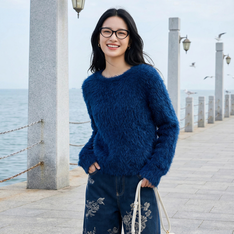 EP雅莹女装 拉毛松软圆领宽松套头毛衣针织衫 秋装新款9599A