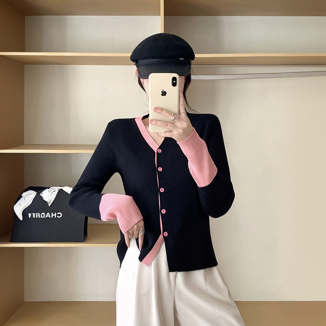 2025春装新款胖mm大码女假两件撞色开衫毛衣女v领针织衫