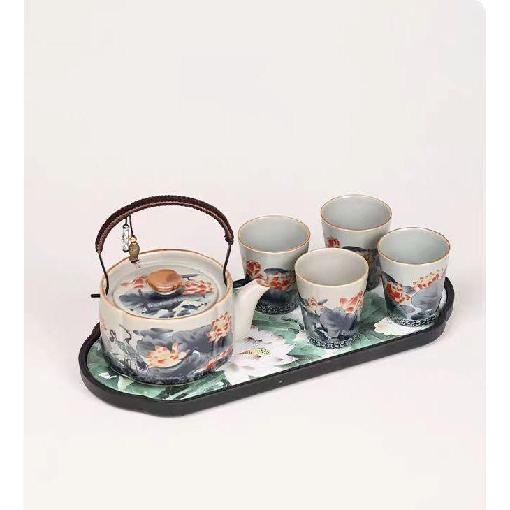 龙窑茶器  汝窑豆青-提梁壶-荷花+4杯+盘  2781  （B）