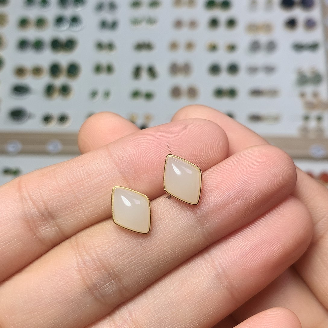 银S925镀金镶嵌和田玉（白玉）耳饰妍*