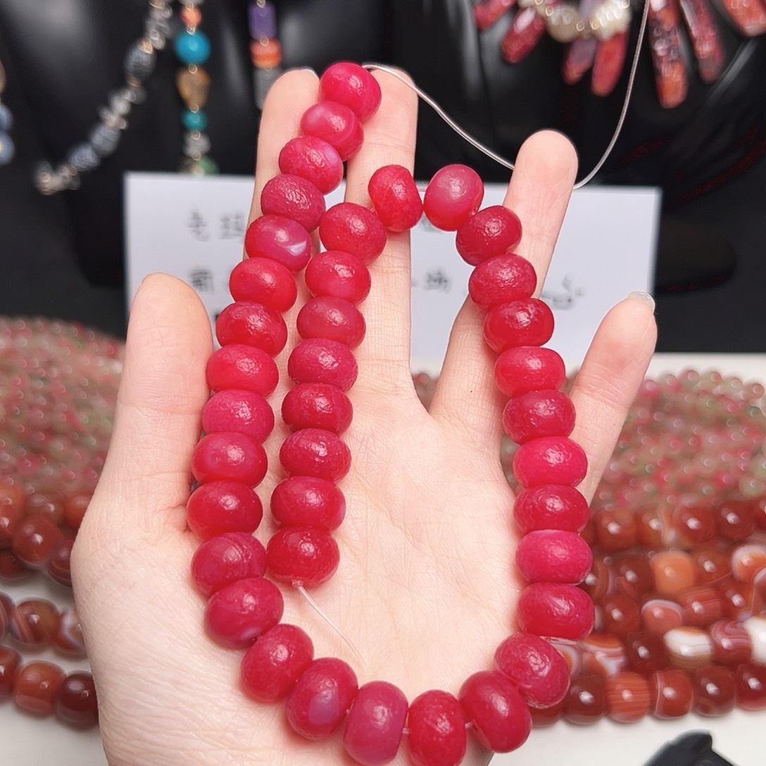 玛瑙/玉髓合金珠宝半成品x370。玫红玛瑙算盘一条14mm