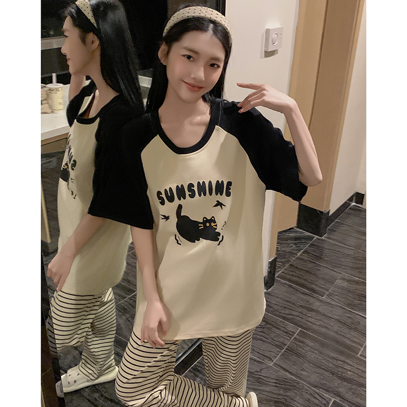 8158带胸垫睡衣女士短袖长裤套装时尚休闲家居服套装送短裤