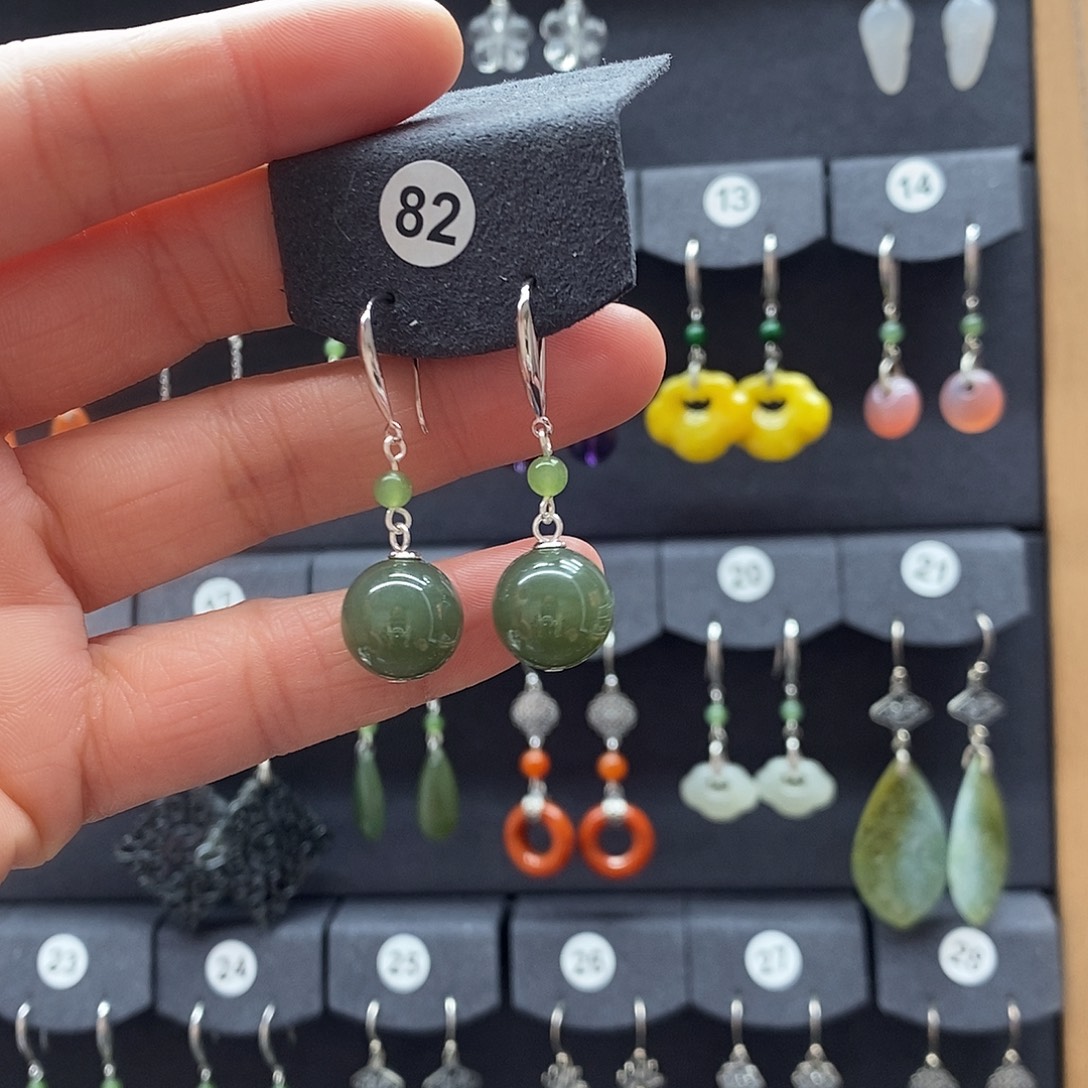 和田玉银S925镶嵌耳饰