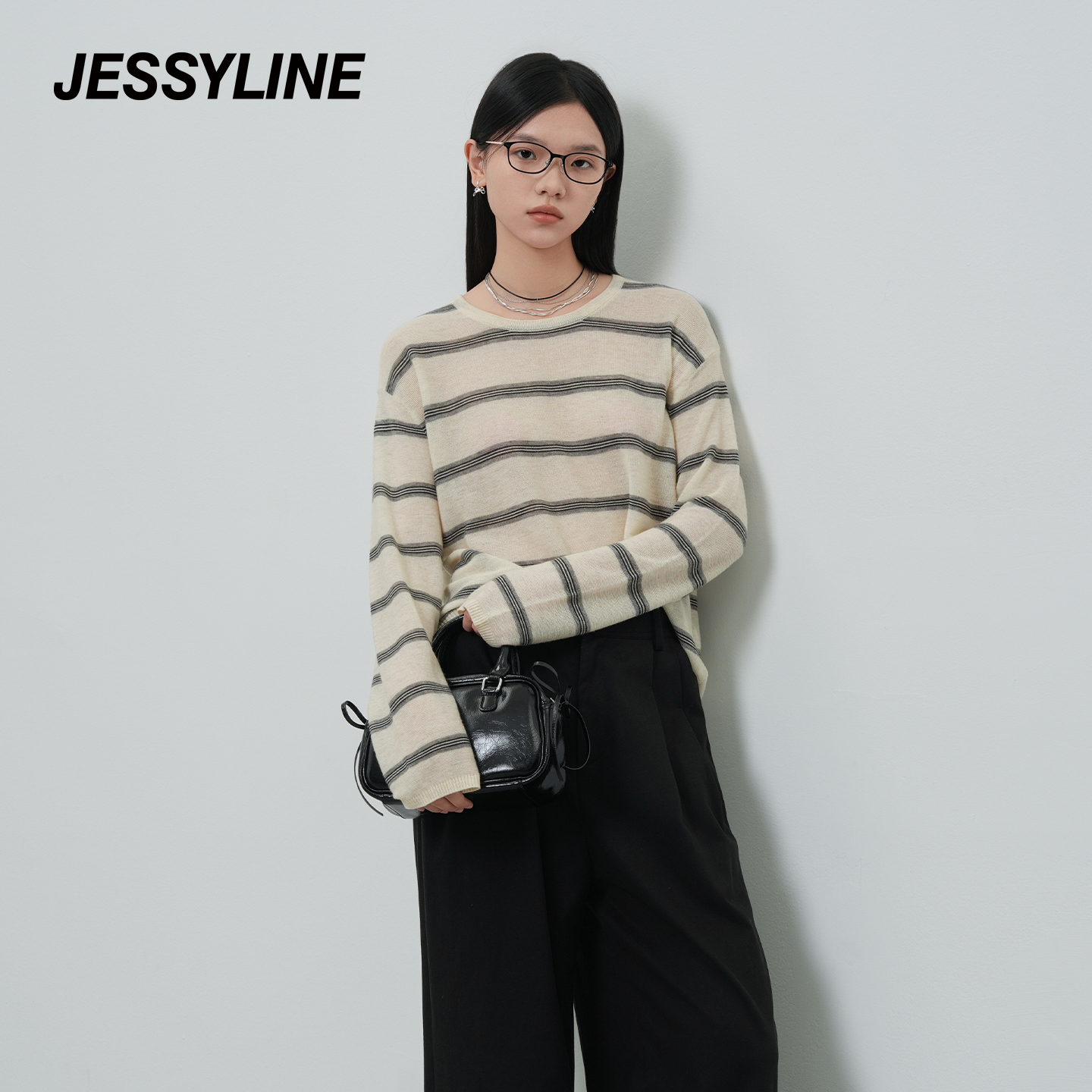 杰茜莱条纹针织衫套头长袖上衣宽松落肩jessyline2025秋季新款