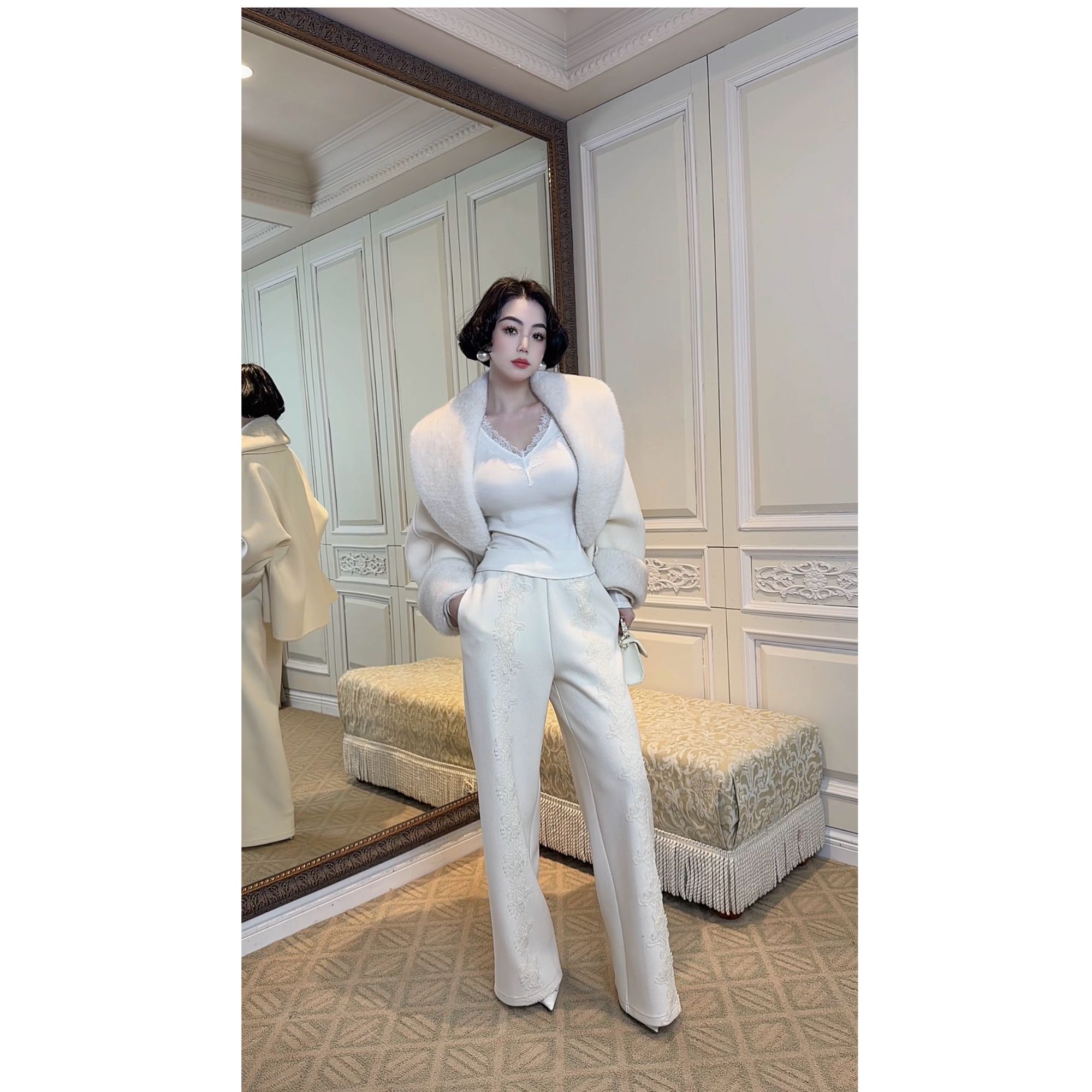 LYXJ【白蔷薇序曲】秋冬小众设计白色蕾丝定位工艺阔腿裤12826