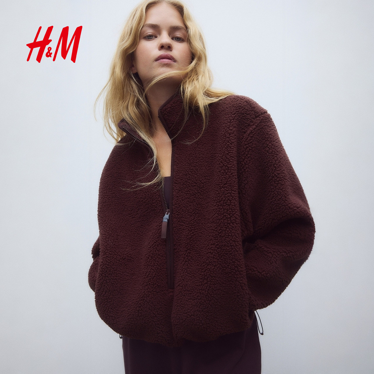 HM女装运动外套2025秋季新款梅红色时尚泰迪绒运动上衣1283772