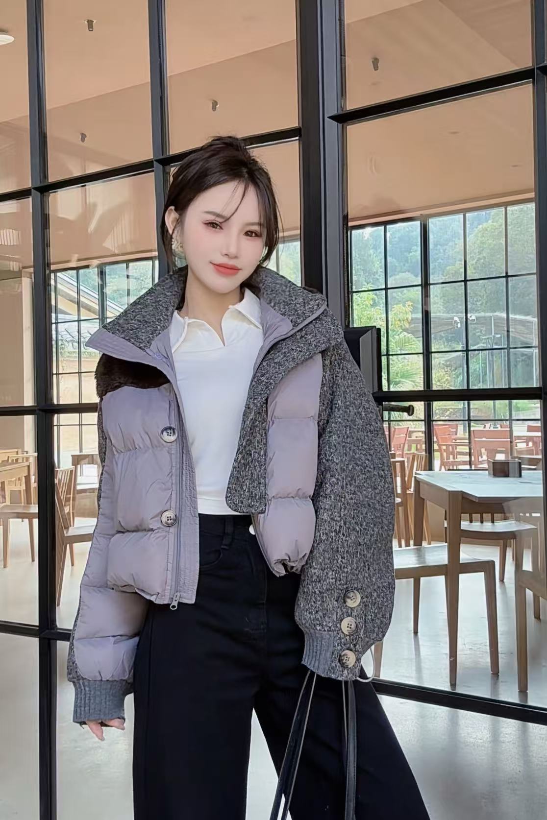 【西柚专属】1057冬季新款立领拼接棉衣保暖外套女百搭加厚外套2025