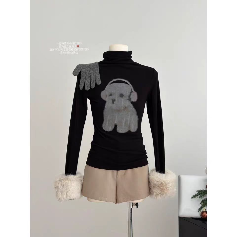 韩版2024冬季女新款狗狗印花时尚高领袖口毛绒拼接加绒打底衫