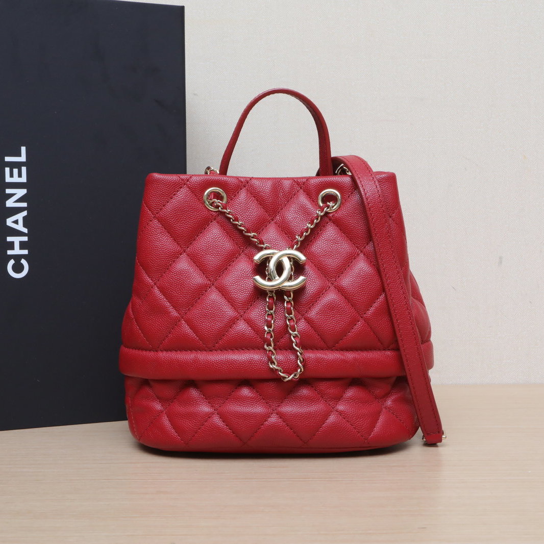 95新 Chanel/香奈儿 【黑黑】 红色 28开 金扣 19B 菱格纹 水桶包