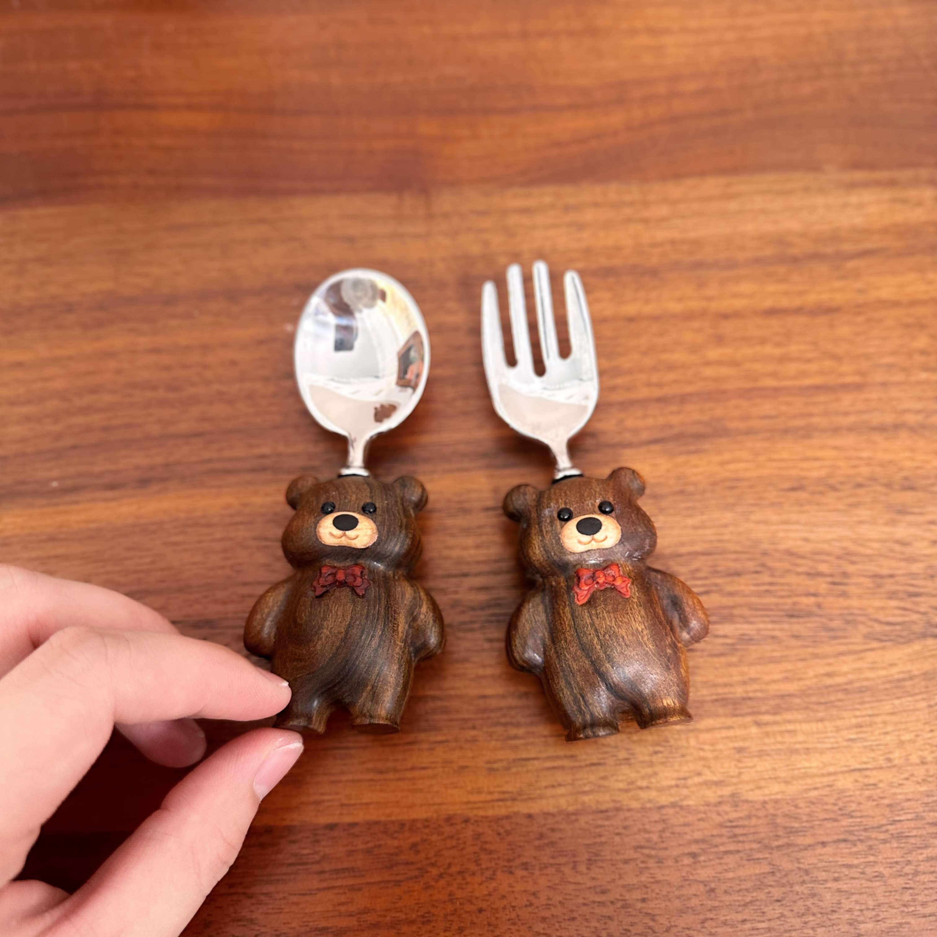 治愈系饰品摆件可爱小熊儿童叉子勺子实木儿童餐具