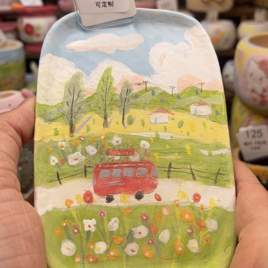 红陶127风景手绘盘子花盆