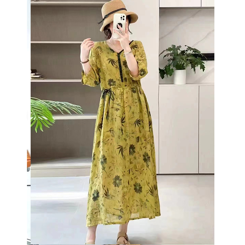 复古苎麻V领下摆双层收腰系带中长款连衣裙