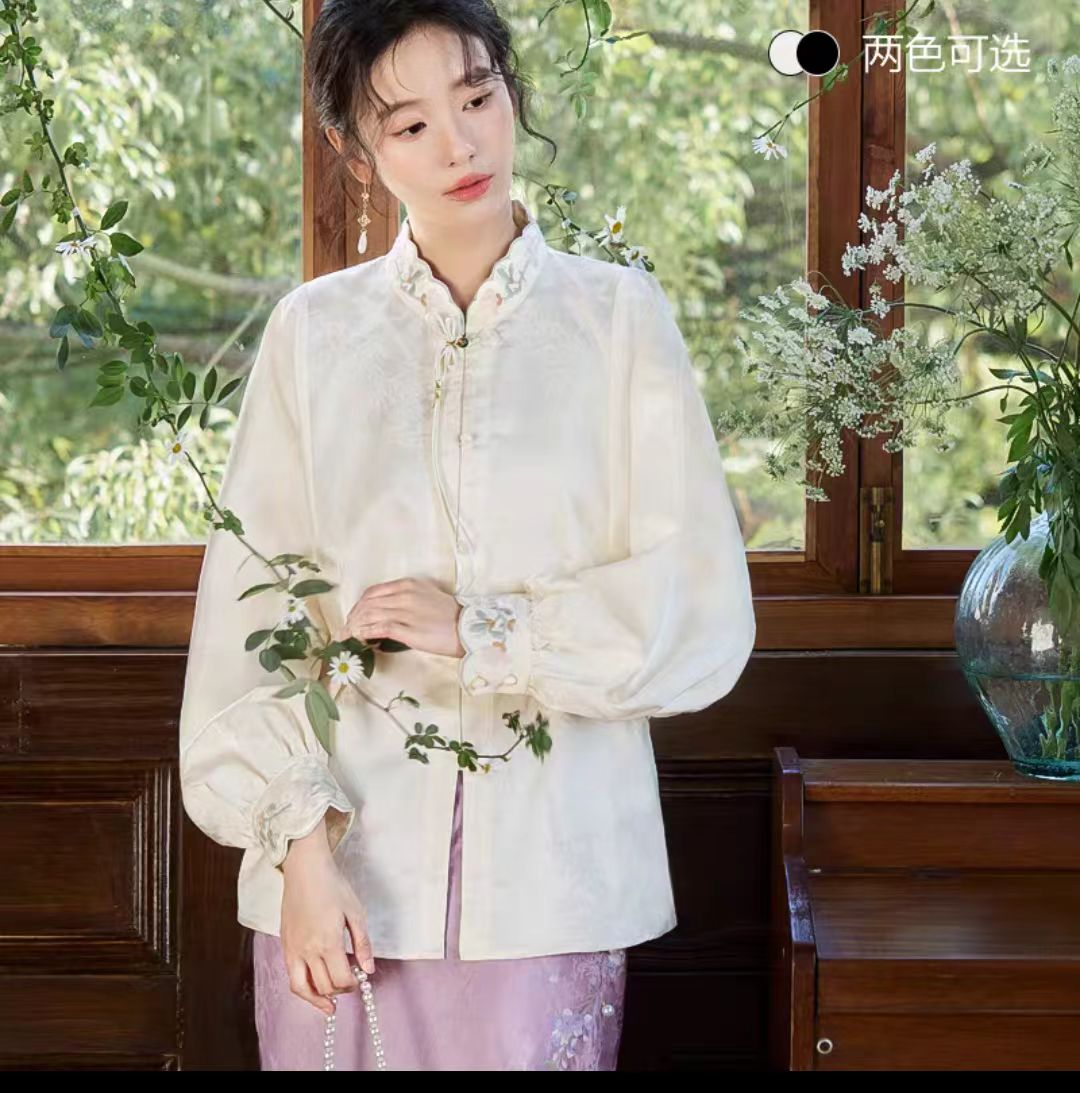  新中式 玉锦 国风刺绣衬衫女设计感缎面提花上衣2025早秋新款
