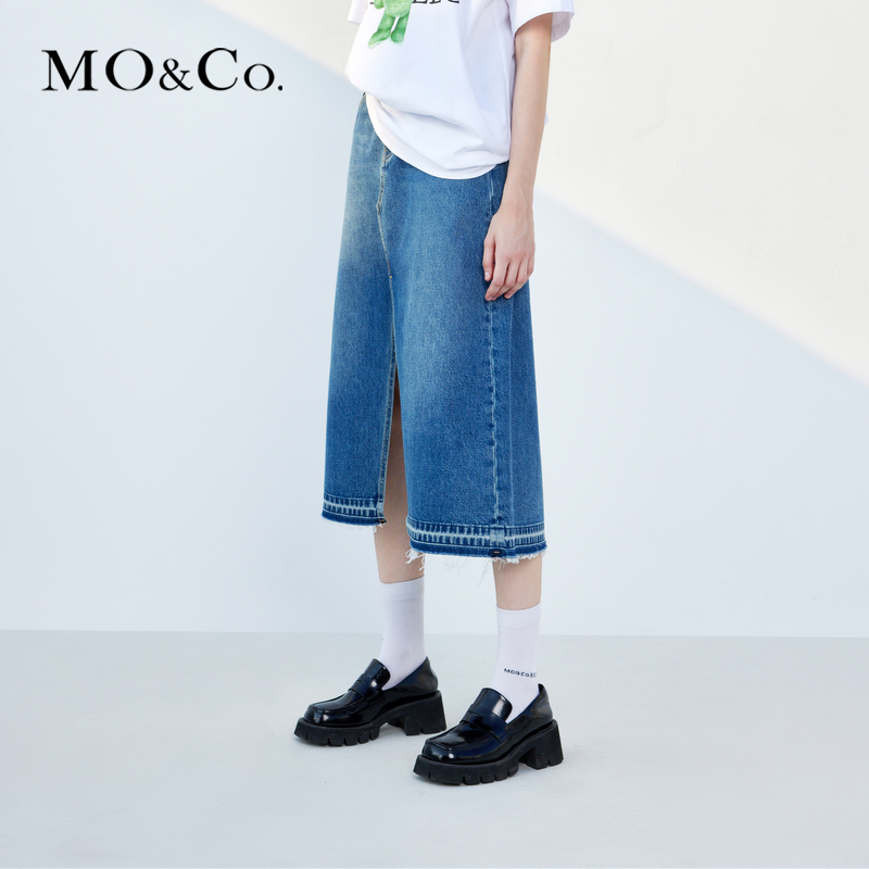 【赵老板专属】MOCO春季前开叉中高腰棉质牛仔半身裙MBC1SKTT14