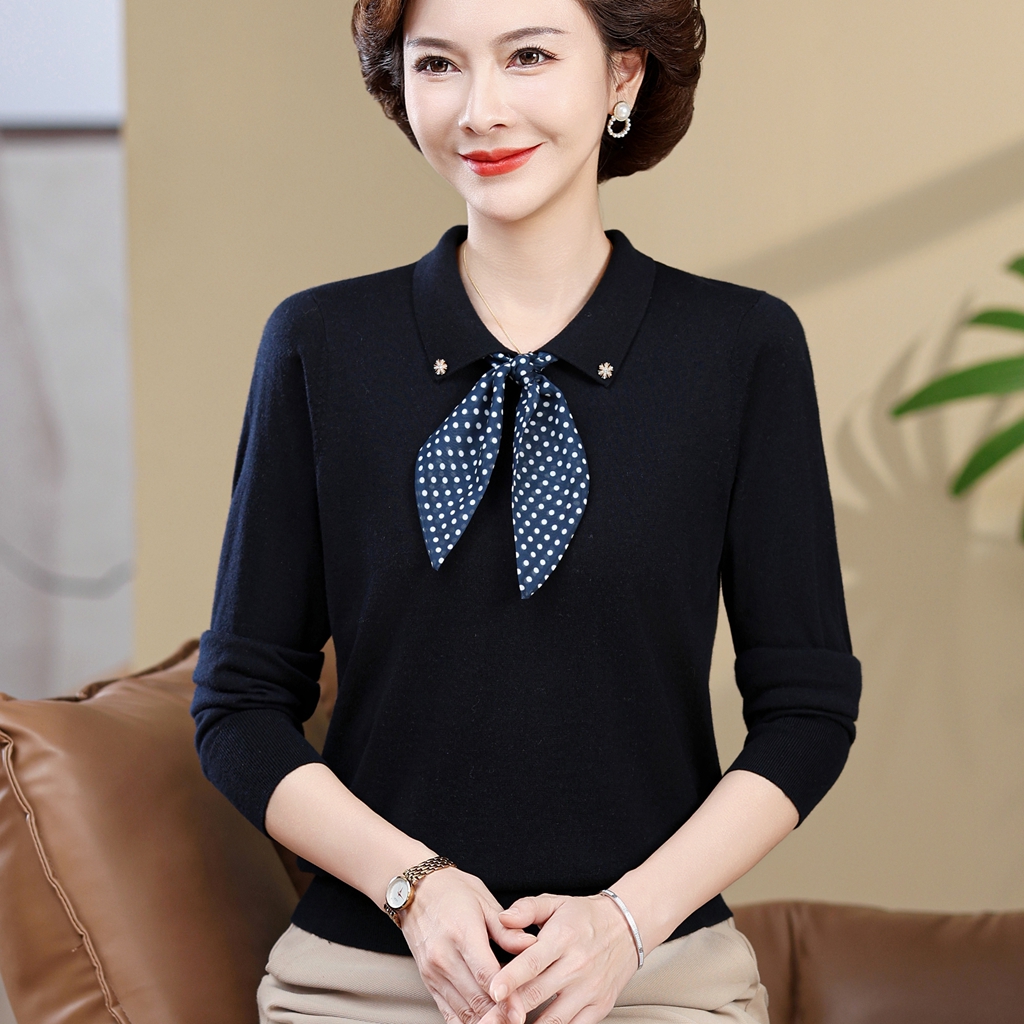 妈妈秋装长袖T恤60岁中年女士毛衣春秋打底衫50-60岁翻领薄针织衫