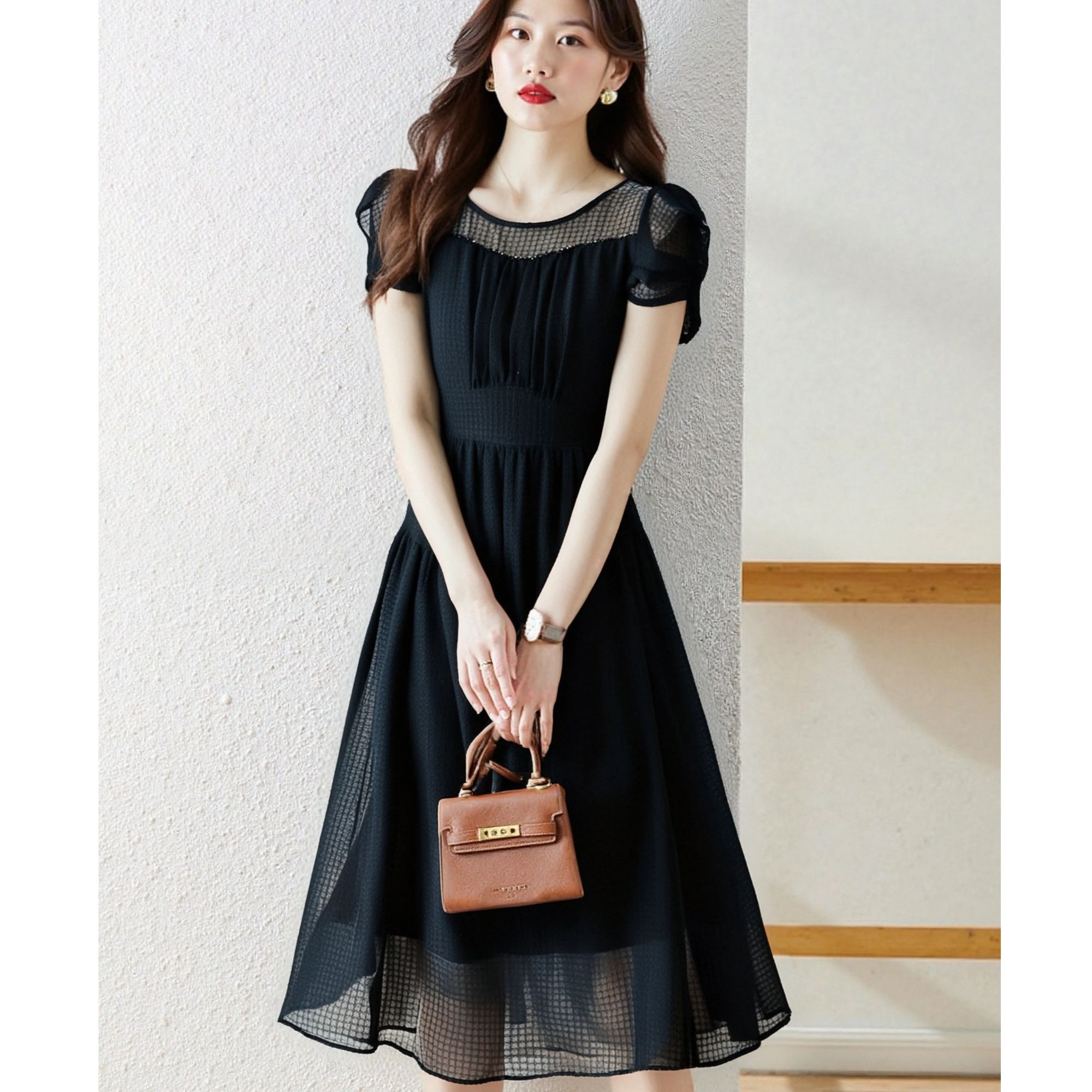 夏季法式A字裙显瘦连衣裙收腰修身L338