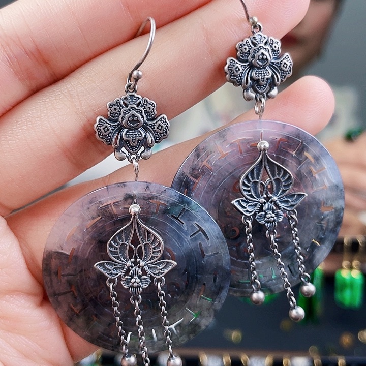 翡翠耳饰银S925镶嵌饰品