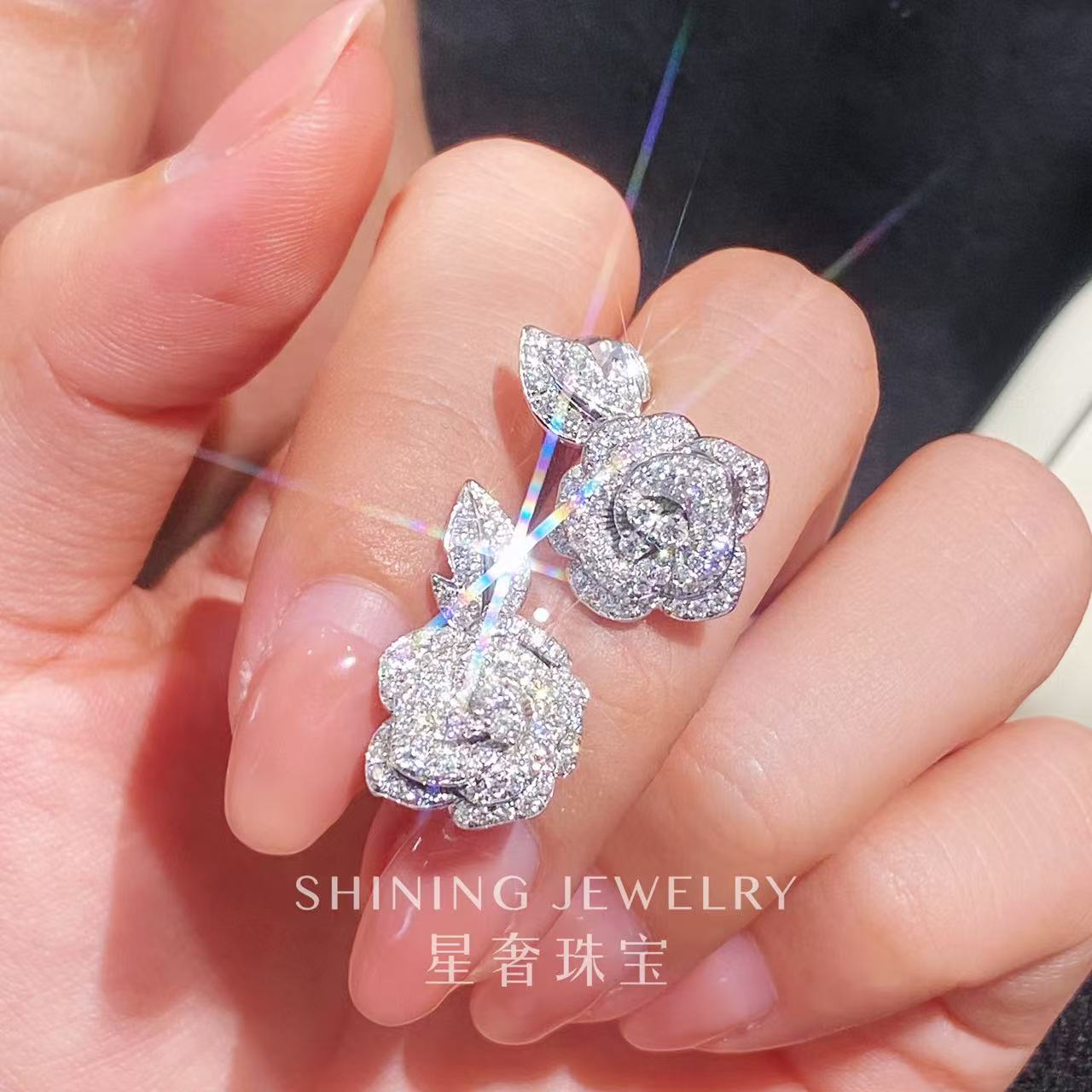 【星奢珠宝】18k金满钻玫瑰花钻石耳饰天然真钻气质轻奢时尚百搭