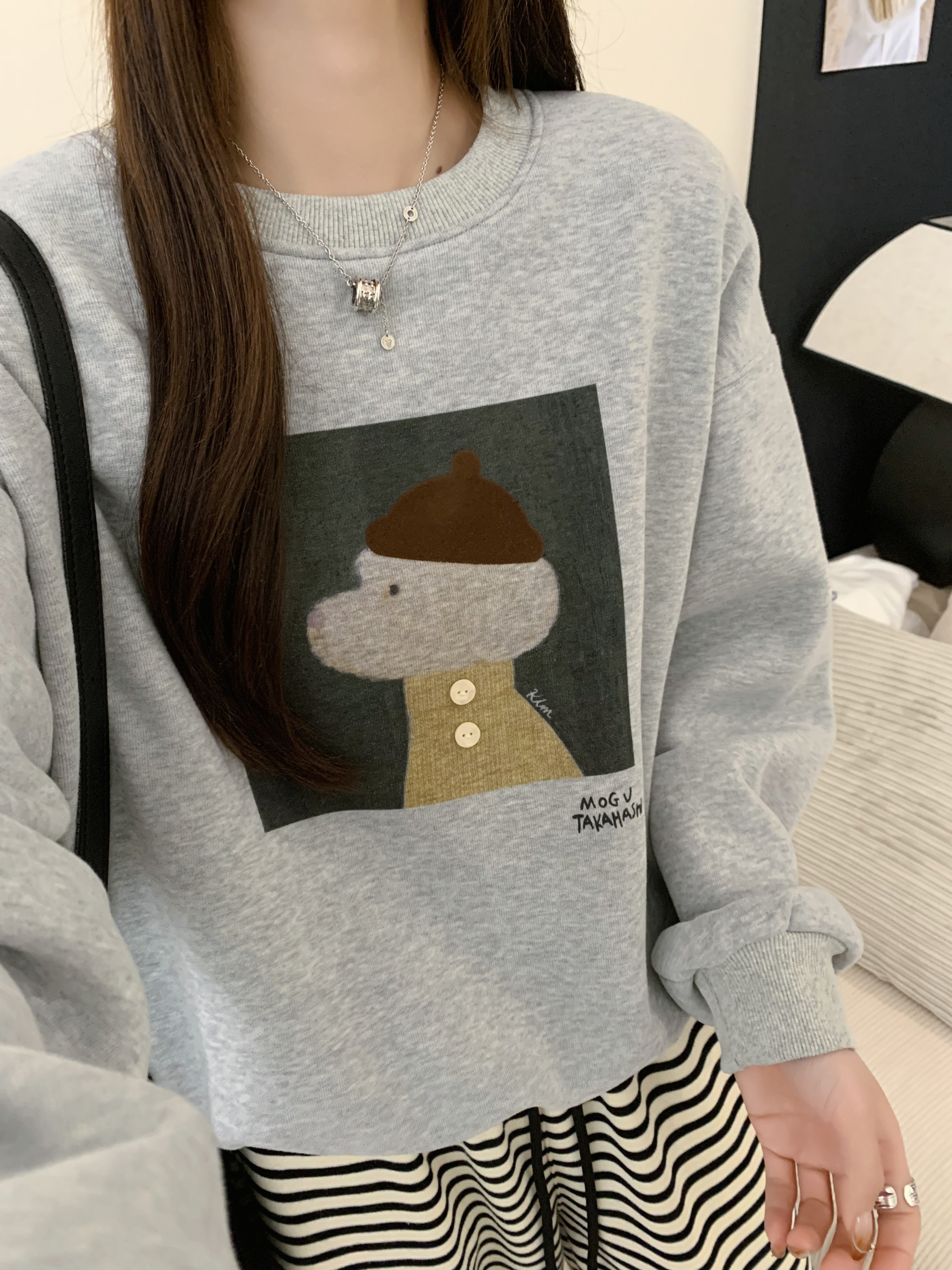 韩版短款【帽子小狗】圆领春秋插肩袖秋季加绒针织常规卫衣印花