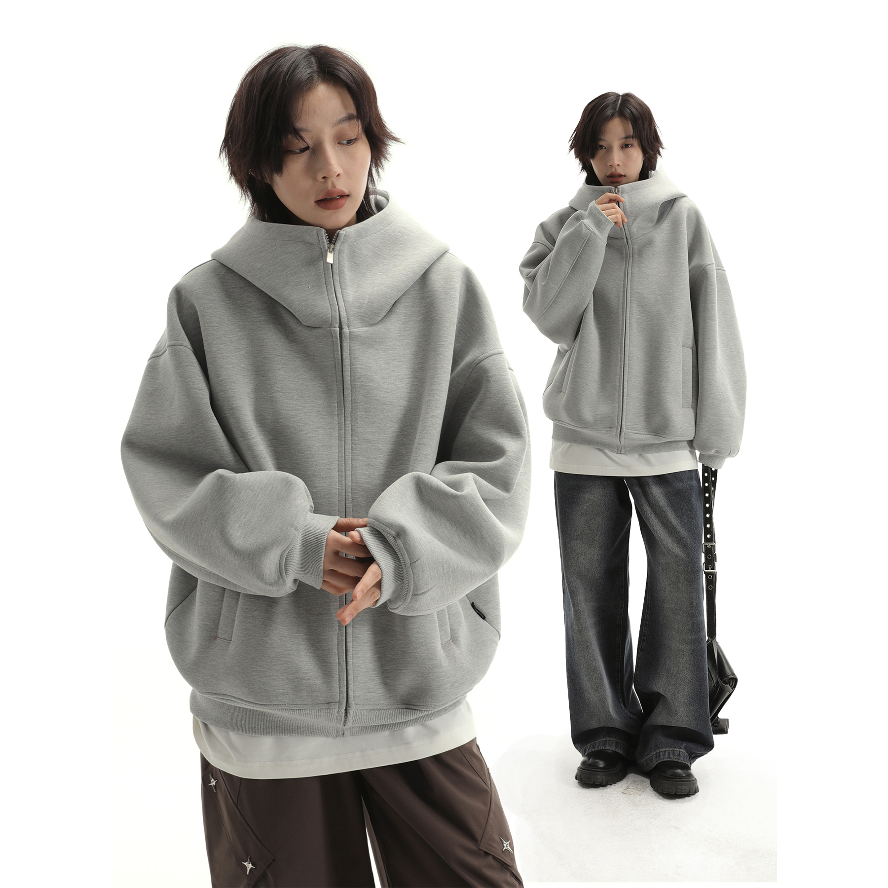 散养文化sameuoo灰色廓形感空气层开衫连帽卫衣500g重磅帽衫外套