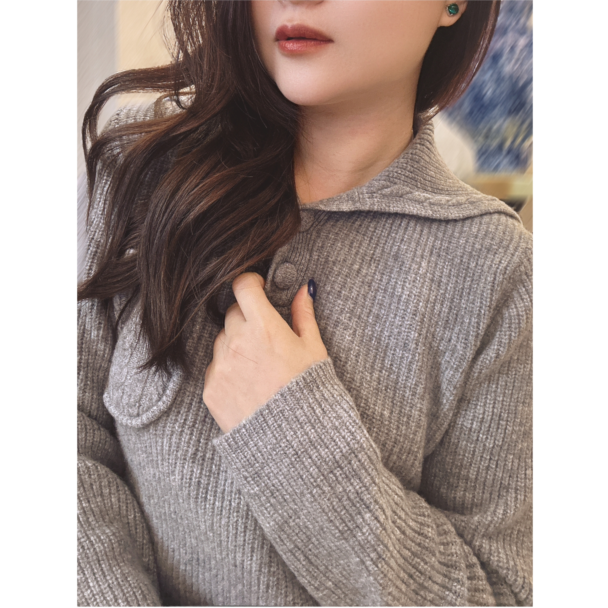 现货100%澳洲美丽诺羊毛毛衣-海军大翻领针织毛衣女［043］