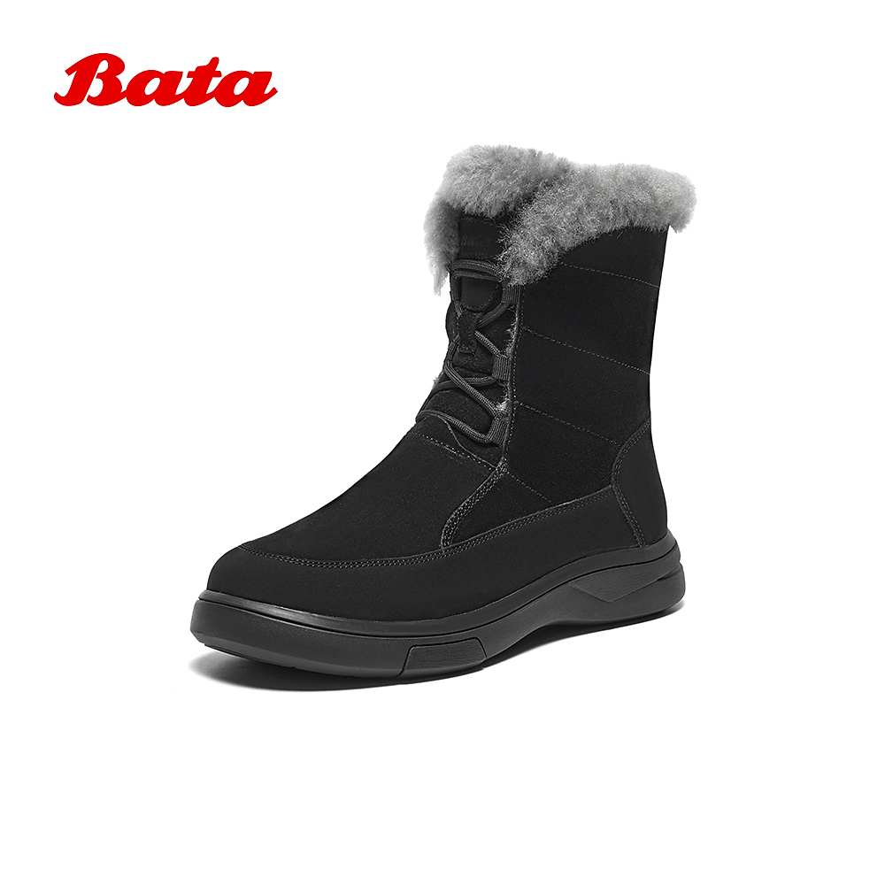 Bata雪顶靴女2024冬商场新款牛皮保暖羊毛厚底百搭雪地靴Y2311DZ4