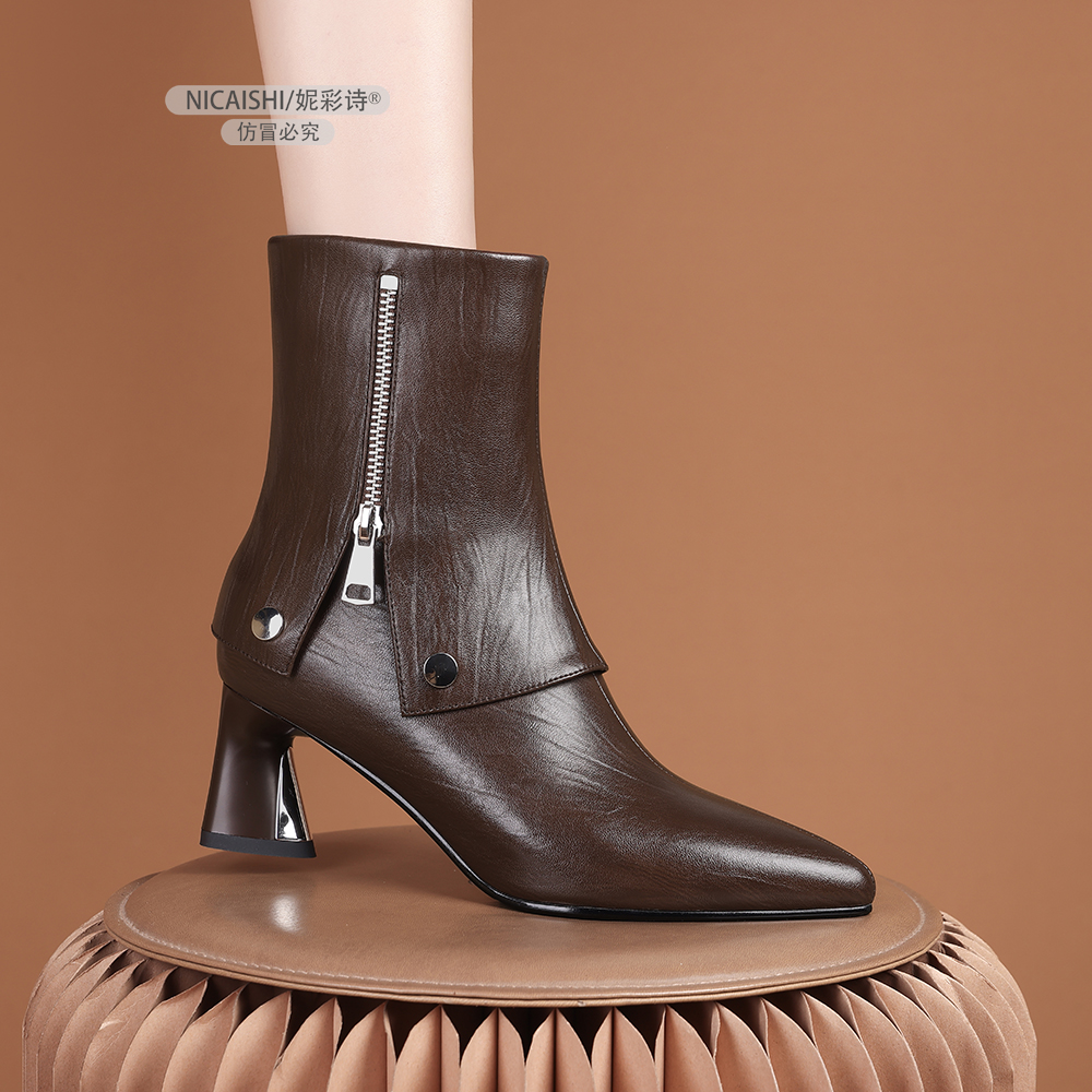 2025年新款欧美简约巨显腿长短靴粗跟舒适不累脚短靴百搭尖头3348