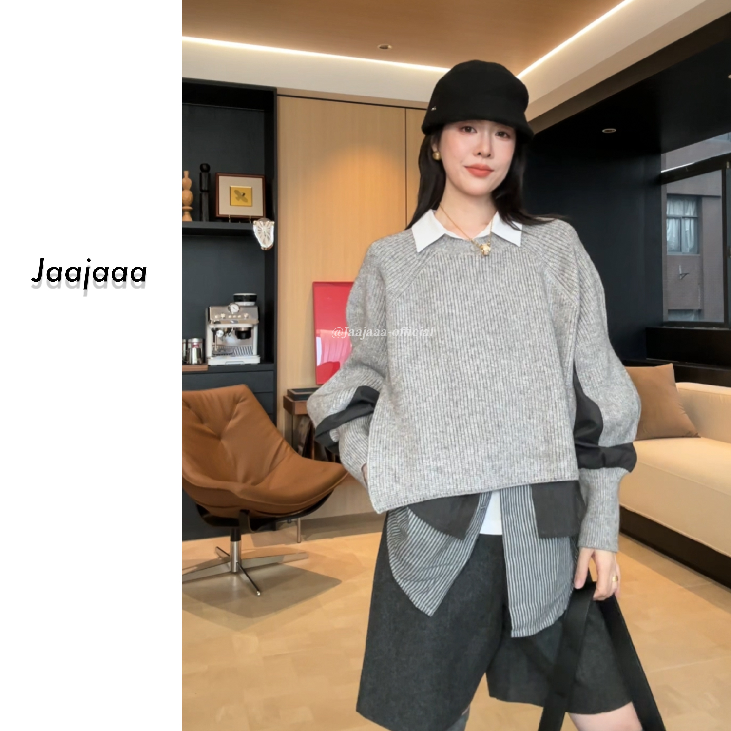 Jaajaaa颂锦拾年  撞色小众圆领假两件英伦风休闲时尚长袖/ACGEA