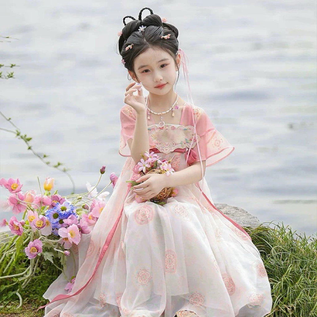 S【桃桃半夏】汉服女童2025夏季新款女孩粉色公主连衣裙儿童国风
