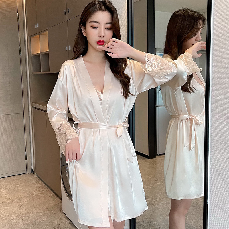 女士性感蕾丝睡袍短袖连衣裙晨袍系带薄款家居服睡衣长袖轻奢舒适