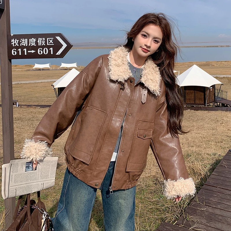 美式短款女毛领保暖拼接复古常规秋冬棉服#35667