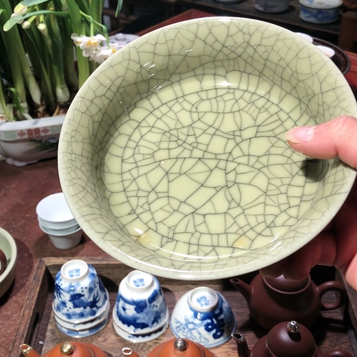 り****ヽ15.5cm绿釉开片壶承一个