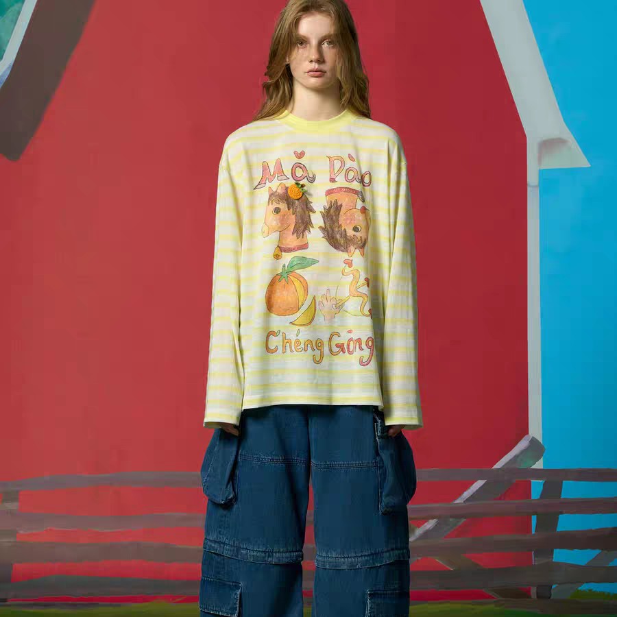 CHEERi UPi 2026年春季新款马到成功条纹休闲宽松长袖圆领T恤上衣