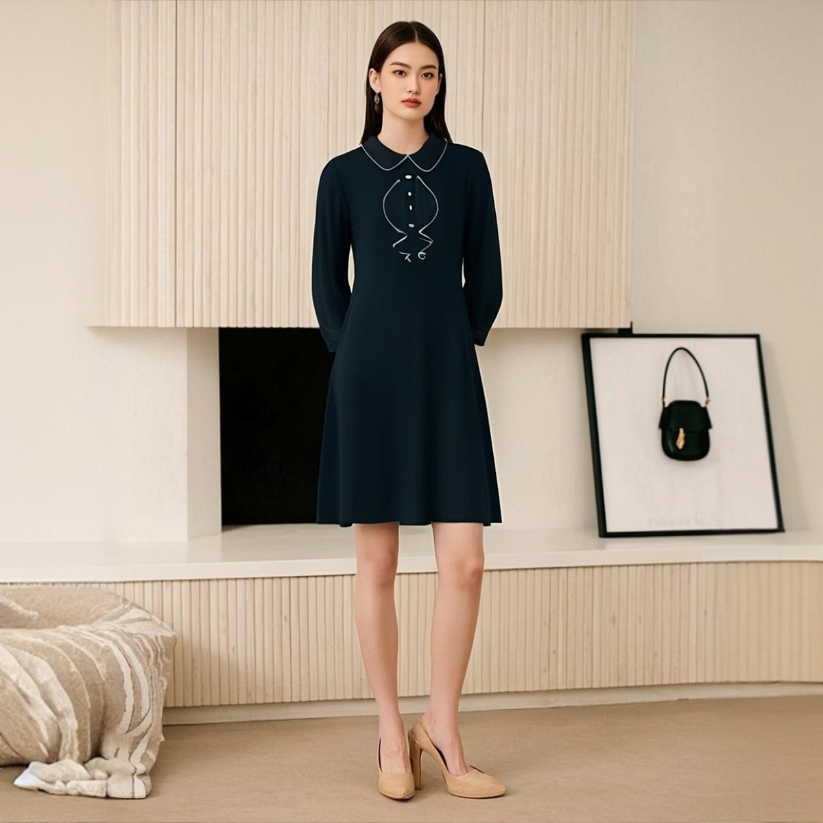 显瘦气质蓝色针织轻奢时尚设计师优雅连衣裙蕾丝长裙舒适黑色复古