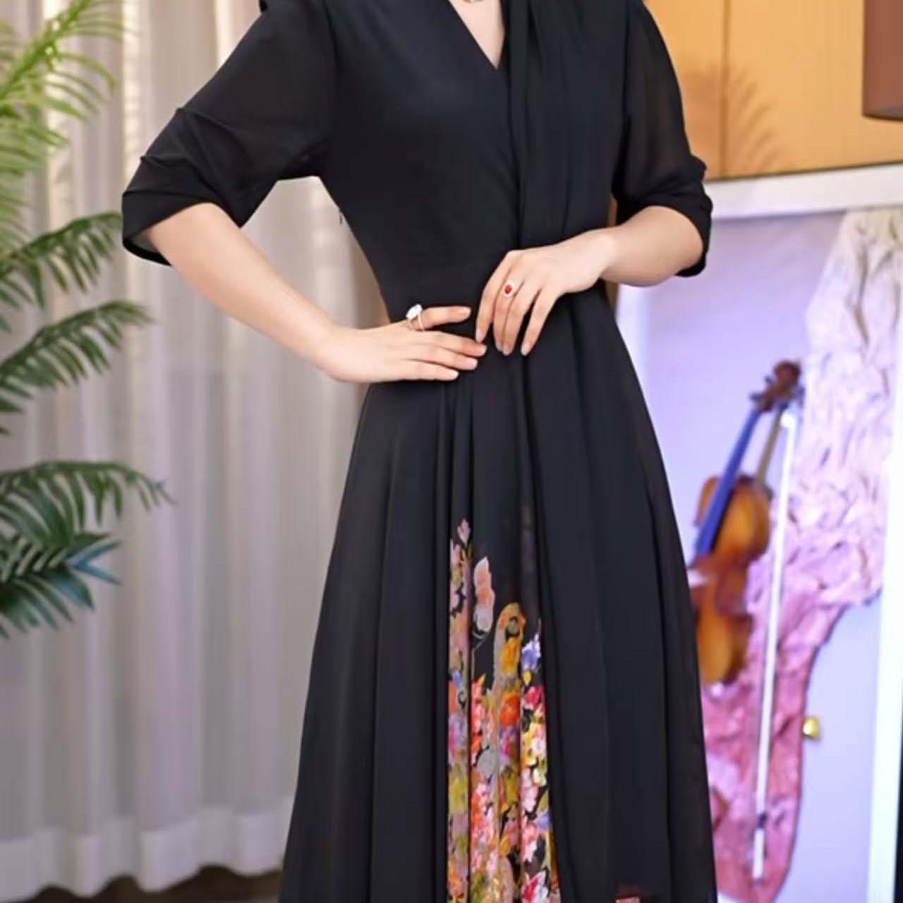 香衣丽华28-377夏季新款单边定位花长款过膝大摆连衣裙修身显瘦