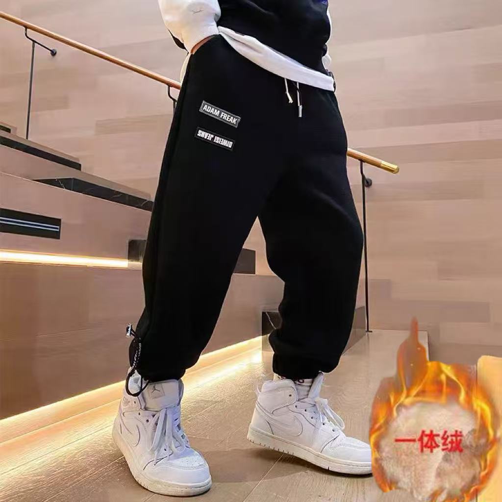 201409童装男童加绒卫裤2026冬宝宝韩版潮酷洋气华夫格加绒男卫裤