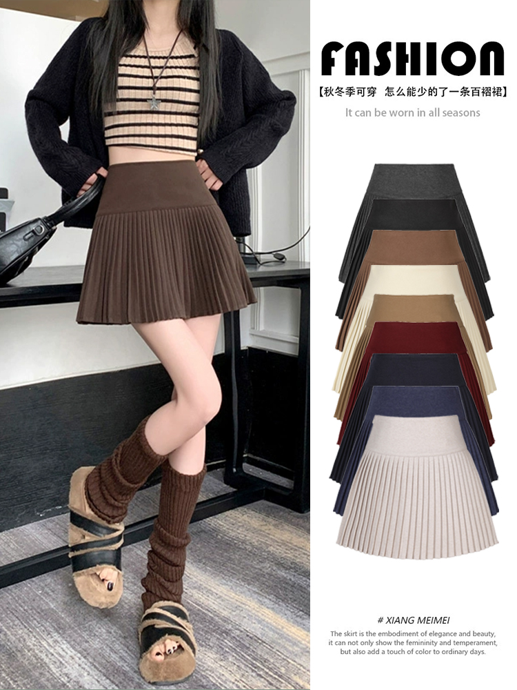 学院风深灰色百褶裙秋冬款毛呢短裙女 蝴蝶结小个子百搭a字半身