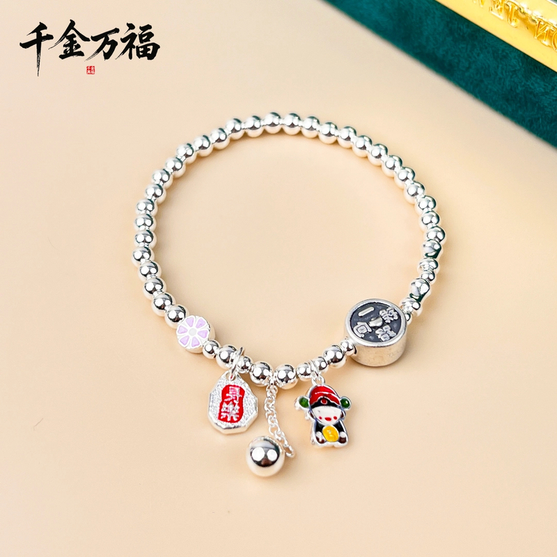 925银手链 千金万福 一路向钱珐琅财神爷长乐永康吊牌单铃手串女