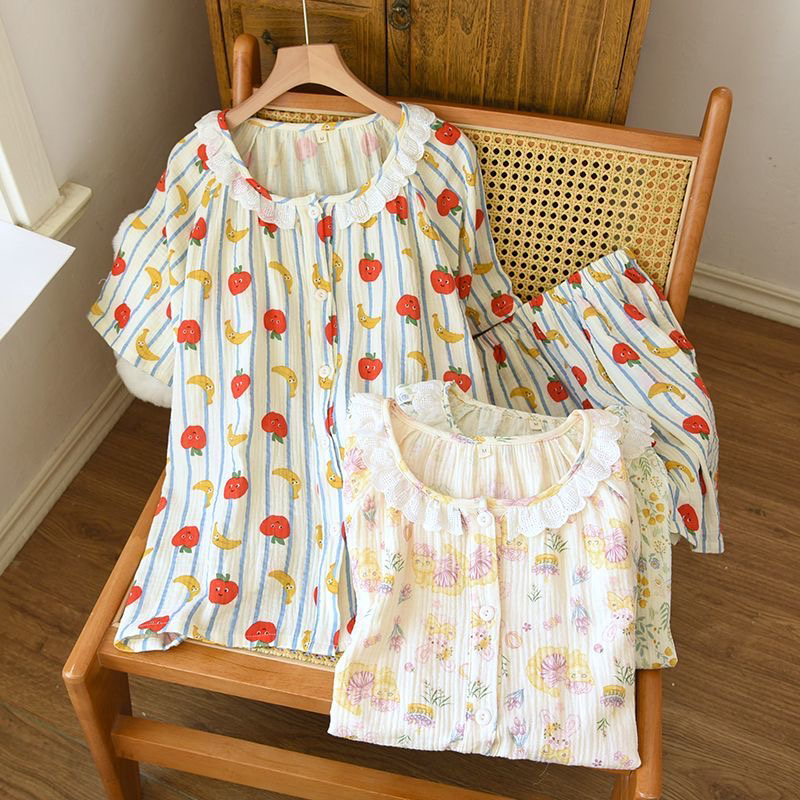 100%全棉纱布睡衣夏季短袖短裤女纯棉家居服套装翻领开衫居家服