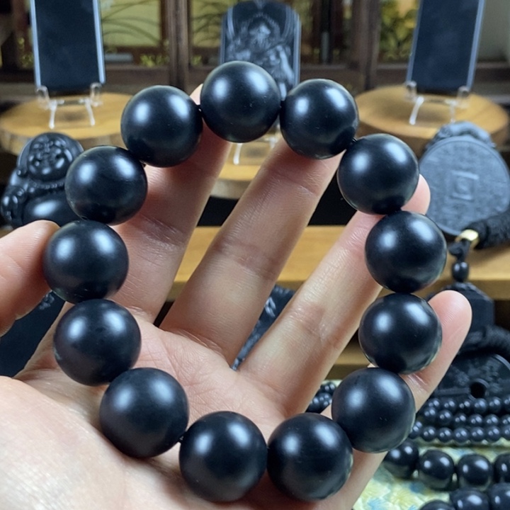 和田玉（墨玉）未镶嵌手串卡18圆珠高老柔光