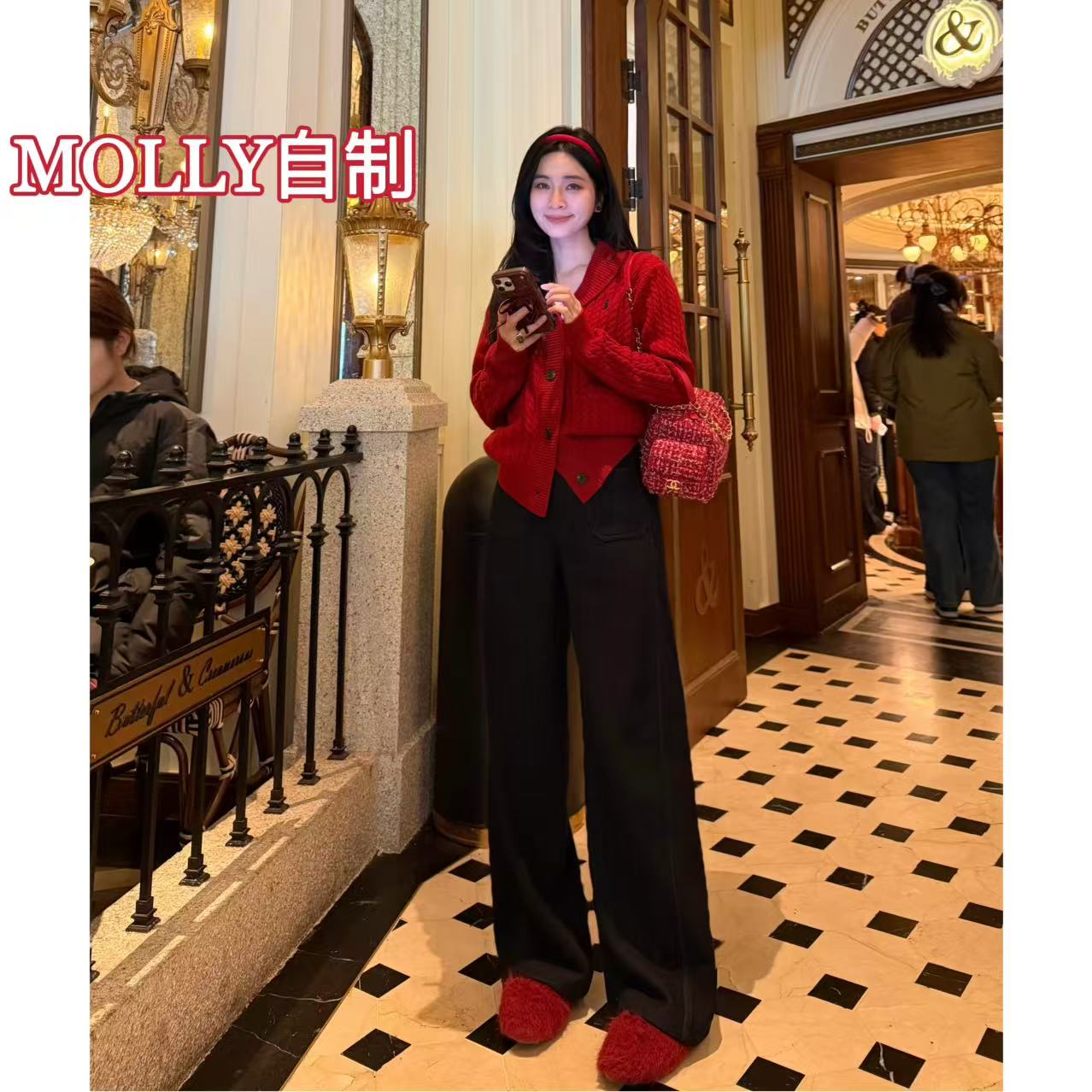 MOLLY自制【牛仔纹路的羊毛裤】绵羊毛呢休闲阔腿裤秋冬设计感