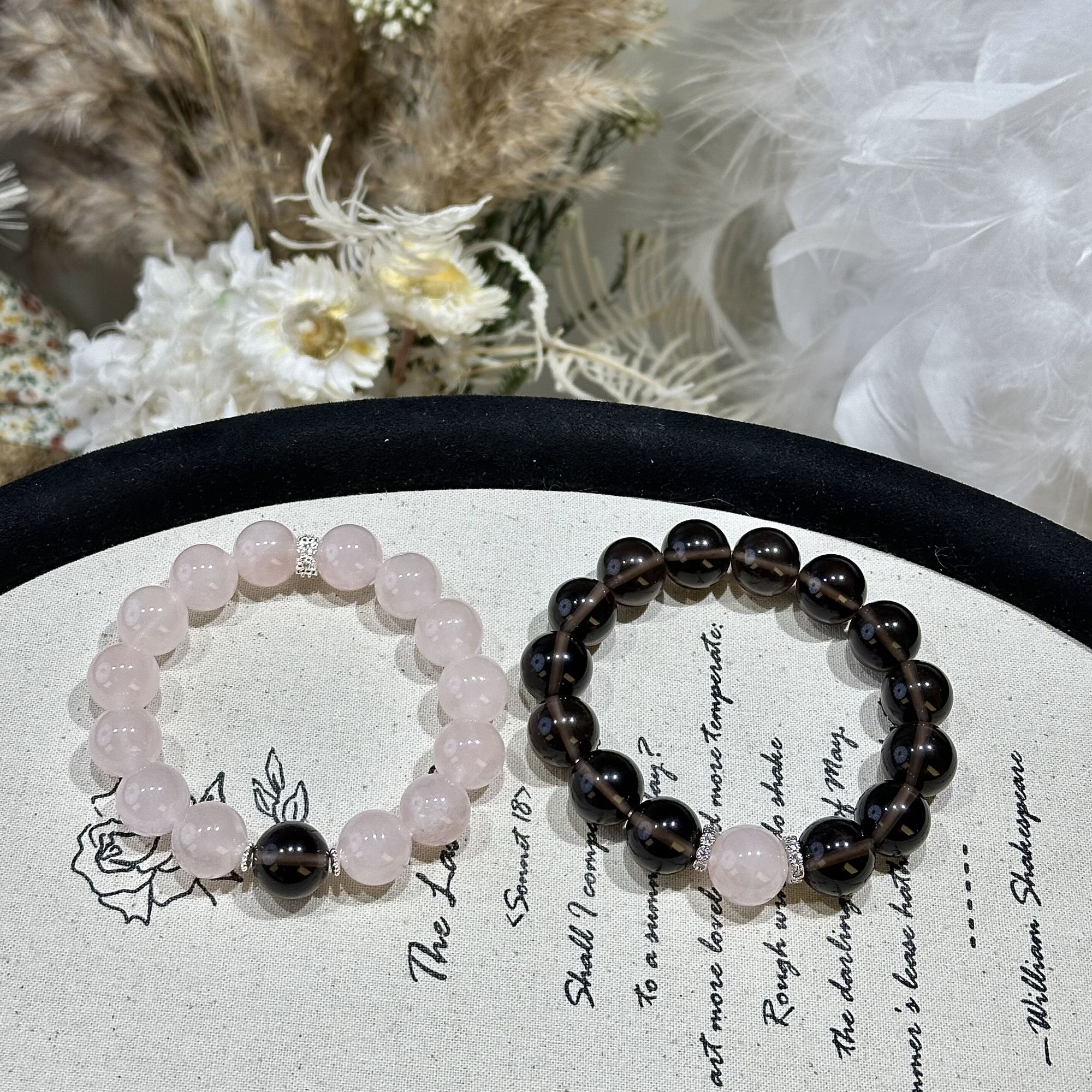 【禧玥-朝朝暮暮】天然粉水晶冰种黑曜石情侣款水晶手串原创款